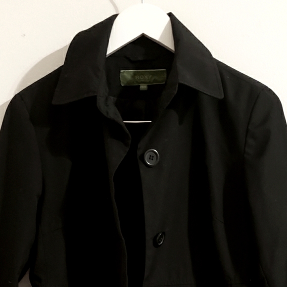 Roxy Trench Coat Black Midi Length Lined Button Up Collar Classic Woman Medium - Picture 3 of 15